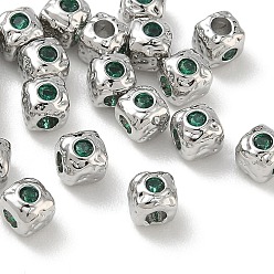 Green SHEGRACE Brass Cubic Zirconia Beads, Cube, Cadmium Free & Lead Free & Nickel Free, Platinum, Green, 4x4x4mm, Hole: 1.6mm