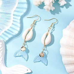 Аква Серьги-подвески из натурального стекла с ракушками каури, с 304 нержавеющей стали серьги крючки, рыбий хвост, золотые, вода, 68~73x20 мм