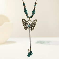 чирок Длинные ожерелья с подвеской в виде бабочки из сплава и фарфора в этническом стиле для женщин, античная бронза, зелено-синие, 15.75~31.50 дюйм (40~80 см)