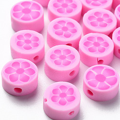 Hot Pink Handmade Polymer Clay Beads, Flat Round with Flower, Hot Pink, 9~10x4~5mm, Hole: 1.4mm