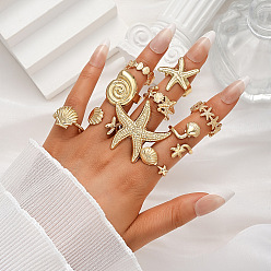 Oro Conjunto de anillos abiertos para brazalete de aleación oceánica, forma de estrella de mar/concha, dorado, 18~19 mm, sobre 10 PC / sistema