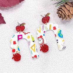 Arch Acrylic Stud Dangle Earrings for Women, with Glitter Powder, Arch with Apple, 53x30mm