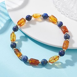 Смешанные камни Эластичные браслеты для женщин из натурального янтаря, лазурита и латуни., Прямоугольник и круглый, реальный 18 k позолоченный, внутренний диаметр: 1.95 дюйм (4.95 см)