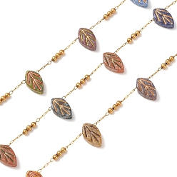Golden Brass & Handmade Lampwork & Steel Beaded Chain, Leaf, Soldered, with Spool, Golden, 11.5x6.5x3.5mm