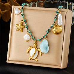 Золотой Океан 304 ожерелья с подвесками в форме панциря морской звезды и черепахи из нержавеющей стали и пластика с натуральным жемчугом и натуральными раковинами для женщин, белые, золотые, 16.38 дюйм (41.6 см)