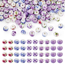 Фиолетовый 100 шт. 5 стили фарфоровые керамические бусины ручной работы с цветочным принтом, круглые, фиолетовые, 6 мм, отверстие : 1.8~2 мм, 20 шт / стиль