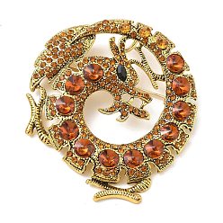 Topaz Alloy Rhinestone Lapel Pin Brooches, Dragon, Antique Golden, Topaz, 64x55mm