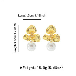 Golden Alloy & Plastic Pearl Stud Dangle Earrings, Flower, Golden, 45x30mm