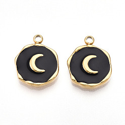 Черный 304 подвески из нержавеющей стали, с эмалью, плоская круглая с лунными подвесками, ионное покрытие (ip), реальный 18 k позолоченный, чёрные, 16x12.5x2.5 мм, отверстие : 1.6~1.8 мм