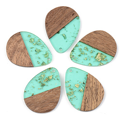 Бледно-бирюзовый Подвески из прозрачной смолы и ореха, золотой фольгой, слеза, бледные бирюзовая, 35.5x26x3 мм, отверстие : 2 мм