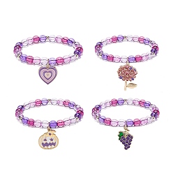 Средний Фиолетовый 4шт 4 стильные акриловые круглые эластичные браслеты из бисера, Женские браслеты с эмалевыми подвесками в форме сердца, цветов, тыквы и винограда, средне фиолетовый, очарование: 23~30x15~20x1 мм, внутренний диаметр: 2-1/4 дюйм (5.7 см), 1 шт / стиль