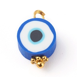 Blue Polymer Clay Charms, with Brass Findings, Flat Round with Eye Pattern, Blue, 14x9x5mm, Hole: 1.8mm