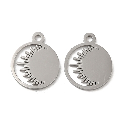 Stainless Steel Color Non-Tarnish 304 Stainless Steel Charms, Laser Cut, Flat Round with Sun Charm, Stainless Steel Color, 14.5x12x1mm, Hole: 1.5mm