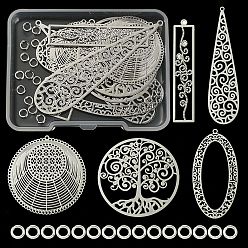 Платина 10шт 5 стиль латунные филигранные подвески, с латунными соединительными кольцами (шт.), овал, каплевидный, прямоугольный и плоский круглый, платина, 15 мм, отверстие : 31~50x9~35x0.3 мм