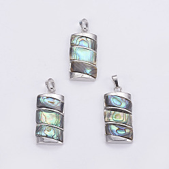 Paua Shell Abalone Shell/Paua Shell Pendants, with Platinum Tone Brass Bail, Rectangle, 39x18x5mm, Hole: 5x8mm