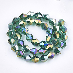Light Sea Green Electroplate Glass Beads Strands, AB Color Plated, Faceted, Bicone, Light Sea Green, 6x5.5~6mm, Hole: 1mm, about 47~48pcs/strand, 10.83 inch(27.5cm)
