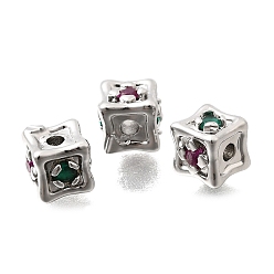Платина Латунные микропаве разноцветные бусины из кубического циркония, квадратный, кубические, платина, 6.5x7x6 мм, отверстие : 1.6 мм