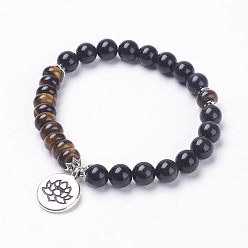 Tiger Eye Natural Obsidian Beads Charm Bracelets, with Natural Tiger Eye Beads, Alloy Pendants and Brass Beads, Burlap Packing, Flat Round with Lotus, 2-1/4 inch(56mm)