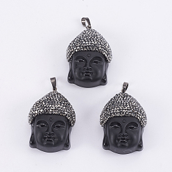 Black Glass Pendants, with Polymer Clay Rhinestone & Brass Findings, Buddha, Black, 40~42x29x17mm, Hole: 5x8mm