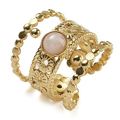 Розовый Кварц Натуральный розовый кварц кольца палец, 304 Многослойные открытые манжетные кольца из нержавеющей стали с ионным покрытием (IP), реальный 18 k позолоченный, 19.5 мм, регулируемый