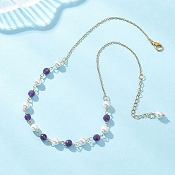 Золотой Женские ожерелья из круглых бусин с ракушечным жемчугом и натуральным аметистом, с 304 фурнитурой из нержавеющей стали, золотые, 15.75 дюйм (40 см)