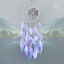 Лиловый Плетеная сетка/паутина с подвесками из перьев, с плоским круглым деревом жизни, натуральный аметистовый чип для подвесных украшений в салоне автомобиля, сирень, 720 мм