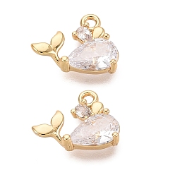 Настоящее золото 18K Латунные микропаве прозрачные кубические циркониевые подвески, прелести кита, реальный 18 k позолоченный, 10x13x4 мм, отверстие : 1.4 мм