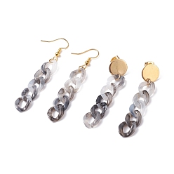Dark Gray Chunky Acrylic Curb Chain Long Drop Earrings, 1Pair Stud & 1Pair Dangle Earrings, Brass Jewelry for Women, Dark Gray, 63x17mm, 57x12mm, Pin: 0.7mm