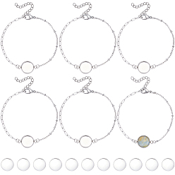 Stainless Steel Color 16Pcs 304 Stainless Steel Paperclip Chain Satellite Chain Bracelet Making, with Flat Round 304 Stainless Steel Cabochon Settings, with 16Pcs Transparent Glass Cabochons, Stainless Steel Color, Tray: 12mm, 7.01 inch(17.8cm)