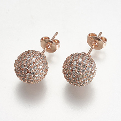 Розовое Золото Латунь микро проложить кубическую циркониевую серьгу, мяч серьги, розовое золото , 9.5 мм , штифт: 0.6 мм