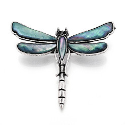 Небесно-голубой Броши / подвески из пресноводных ракушек, с выводами из сплава и смоляным дном, горный хрусталь, окрашенные, стрекоза, античное серебро, голубой, 53x62x10 мм, отверстие : 5x4 мм, штифты : 0.7 мм