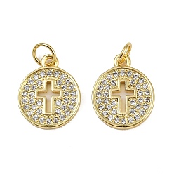 Настоящее золото 18K Латунные микро проложить кубического циркония подвески, плоские круглые с крестом, долговечный, без кадмия и без свинца, стойки покрытие, с целью перехода в кольце, реальный 18 k позолоченный, 15x12x2 мм, отверстие : 3.2 мм