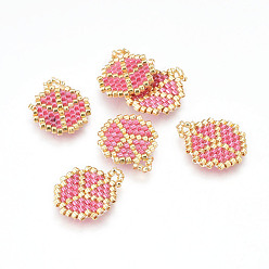 Hot Pink MIYUKI & TOHO Handmade Japanese Seed Beads Pendants, Loom Pattern, Flat Round with Peace Sign, Hot Pink, 18~19x14.5~15x1.7mm, Hole: 2mm