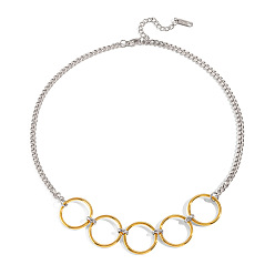 Golden & Stainless Steel Color Duo Tone 304 Stainless Steel Multi Ring Link Pendant Necklaces for Women, Golden & Stainless Steel Color, 15.94 inch(40.5cm)
