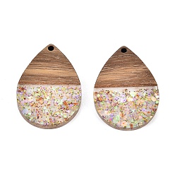 Темный Лосось Подвески из эпоксидной смолы и орехового дерева, с пайеткой / блестками, слеза, темный лосось, 36x24.5x3.5 мм, отверстие : 2 мм