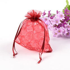 Dark Red Organza Gift Bags, with Drawstring, Rectangle, Dark Red, 12x10cm