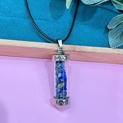 Ляпис-Лазурь Ожерелье из цинкового сплава с шестиугольной стеклянной бутылкой и внутренним кулоном из натурального лазурита, на шнурке из черной искусственной кожи., платина, 19.69 дюйм (50 см)