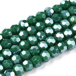 Green Electroplate Opaque Glass Beads Strands, Faceted(32 Facets), Pearl Luster Plated, Round, Green, 4mm, Hole: 0.7mm, about 88~95pcs/strand, 12.99~14.06 inch(33~35.7cm)