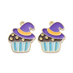 Light Gold Halloween Alloy Enamel Pendant, Hat with Cake, Light Gold, 22x18x1mm, Hole: 1.4mm