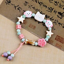 Аква Браслеты с подвесками из фарфорового бисера ручной работы, плетеные браслеты из вощеного шнура для женщин, форма кошки, собаки и звезды, вода, 5-7/8~9-7/8 дюйм (15~25 см)