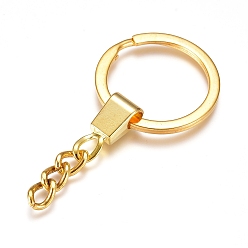 Golden Iron Split Key Rings, with Iron Curb Chains, Keychain Clasp Findings, Golden, 62mm