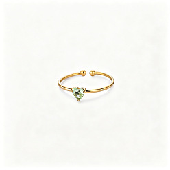 Light Green Adjustable Birthstone 304 Stainless Steel Micro Pave Cubic Zirconia Cuff Open Rings, Heart, August, Golden, Light Green, US Size 4 1/4(15~20mm)