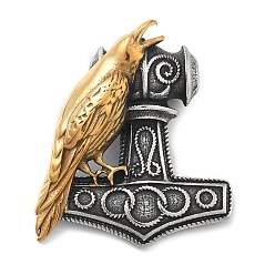 Античный Серебристый & Золотой 304 подвески из нержавеющей стали, молот тора с вороньим талисманом, ионное покрытие (ip), старинное серебро & золотой, 43x37.5x13.5 мм, отверстие : 4 мм