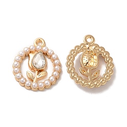 Clear Rack Plating Alloy Glass Pandants, Nickel Free, with ABS Plastic Imitation Pearl, Flat Round with Flower Charms, Golden, Clear, 20.5x17.5x4mm, Hole: 2mm