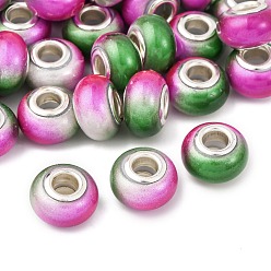 Фуксин Двухцветные непрозрачные европейские бусины-рондель из смолы, с двойных ядер серебрянного цвета, бусины с большим отверстием, фуксиново-красные, 14x8.5 мм, отверстие : 5 мм