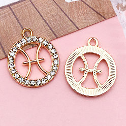 Рыбы Подвески из хрусталя из цинкового сплава, плоско-круглые, созвездие, золотой свет, Рыбы, 21x18 мм