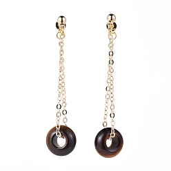 Tiger Eye Natural Tiger Eye Dangle Stud Earrings, with Brass Stud Earring Findings, Brass Cable Chains and Ear Nuts, Rondelle, 60mm, Pin: 0.8mm