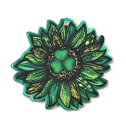 Цветок Непрозрачные акриловые подвески с принтом ко Дню Святого Патрика, цветок, 35x38x2.5 мм, отверстие : 1.8 мм