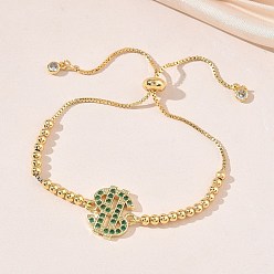 Морско-зеленый Регулируемые латунные браслеты-слайдеры с микропаве из кубического циркония и звеньями в виде знака доллара для женщин., реальный 18 k позолоченный, цвета морской волны, 10.08 дюйм (25.6 см)
