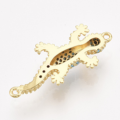 Golden Brass Micro Pave Cubic Zirconia Links connectors, Gecko, Sky Blue, Golden, 31.5x14x4.5mm, Hole: 1.2mm
